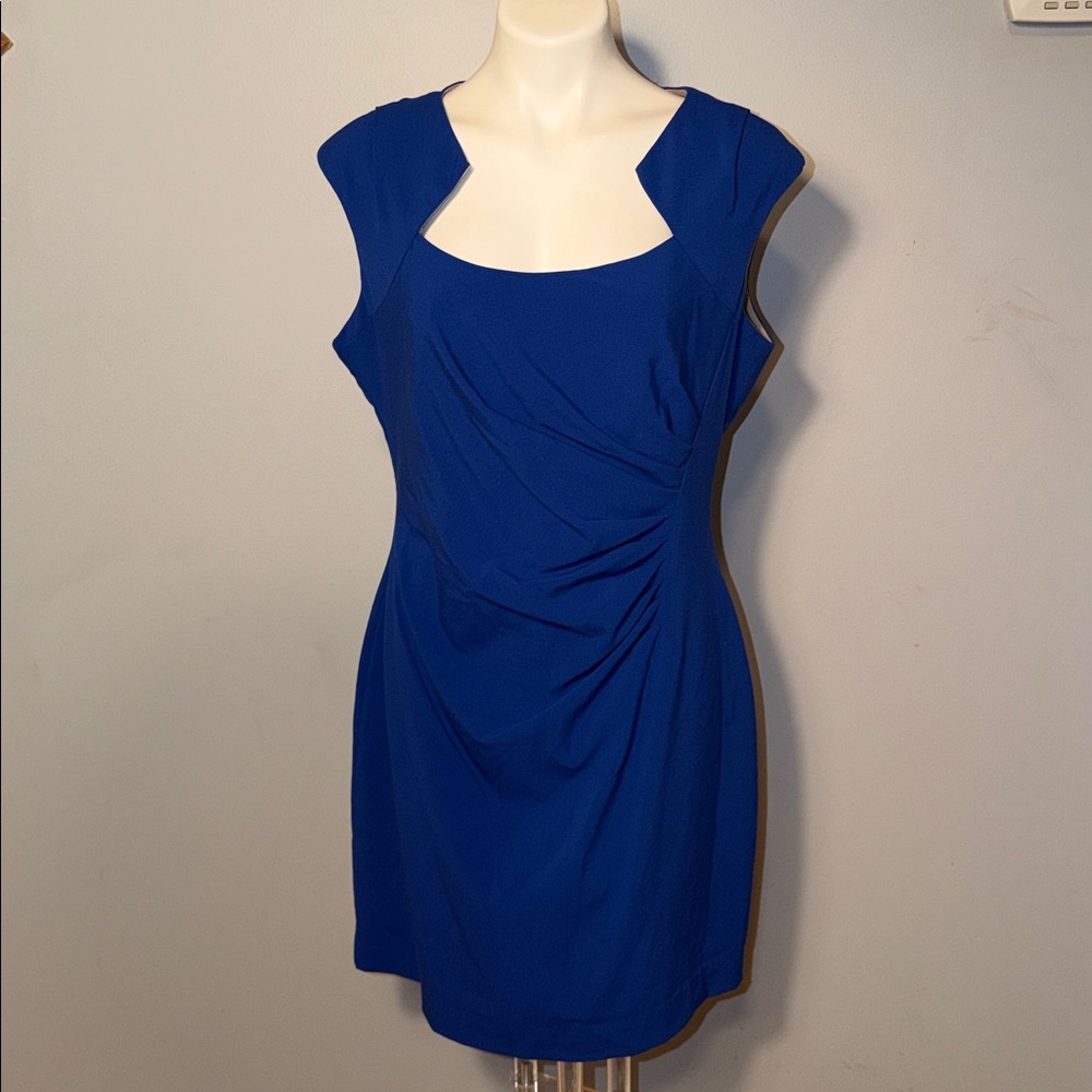 CALVIN KLEIN Ladies Cap Sleeve Ruched Sheath Dress. Royal Blue. Size 14. - Picture 2 of 10
